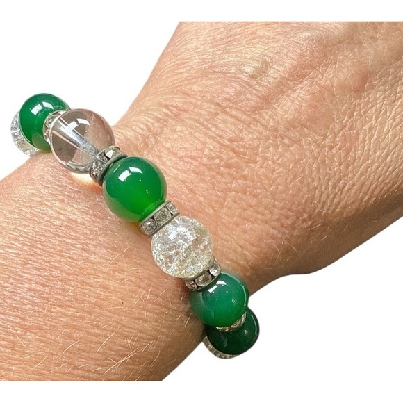Vintage Green & Clear Bead Stretch Bracelet with Rhinestone Spacers Retro - Picture 2 of 5